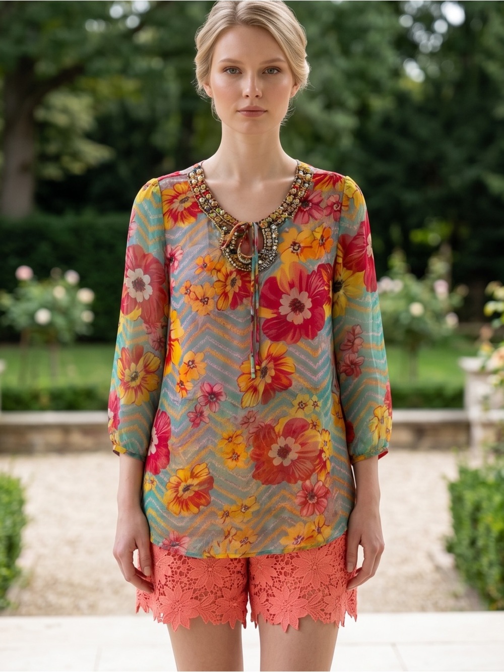 California Women Size Medium Sheer Tunic Tropical Flowers & Bronze Metal Beads